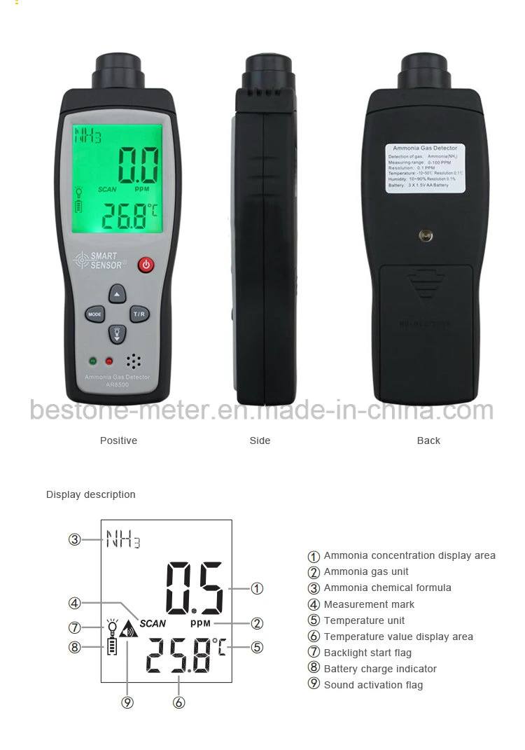 Smart Sensor Ar8500 OEM Manufacturer Industrial Handheld Nh3 Gas Detector Battery Powered Digital Ammonia Gas Leak Detector