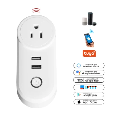 스마트 홈 10A 미국 흰색 Tuya WiFi 음성 원격 제어 스마트 플러그(USB 소켓 콘센트 2개 포함)